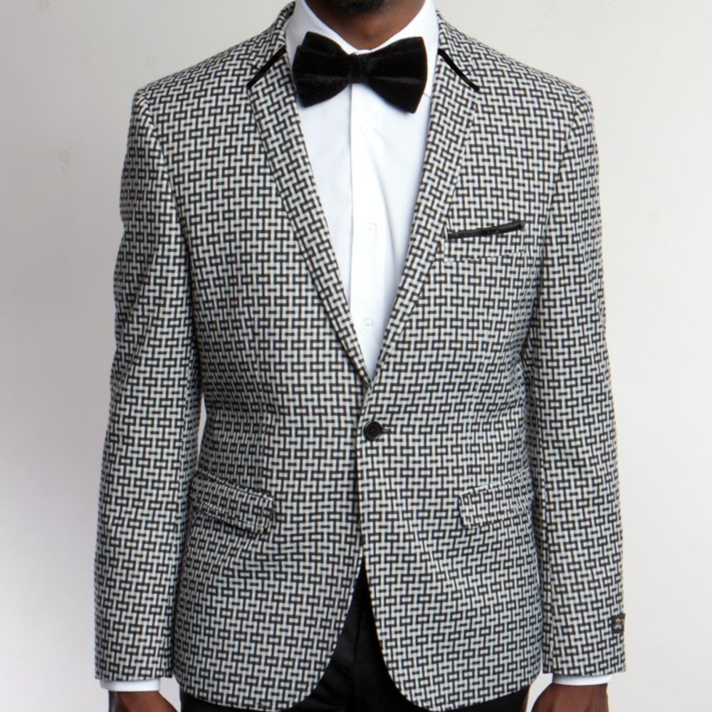Mens Blazer Jacket, Monochrome Geometric Pattern